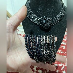Black Seed Bead Wire Choker With Center Bead Cluster and 11 Black Bead Bracelets